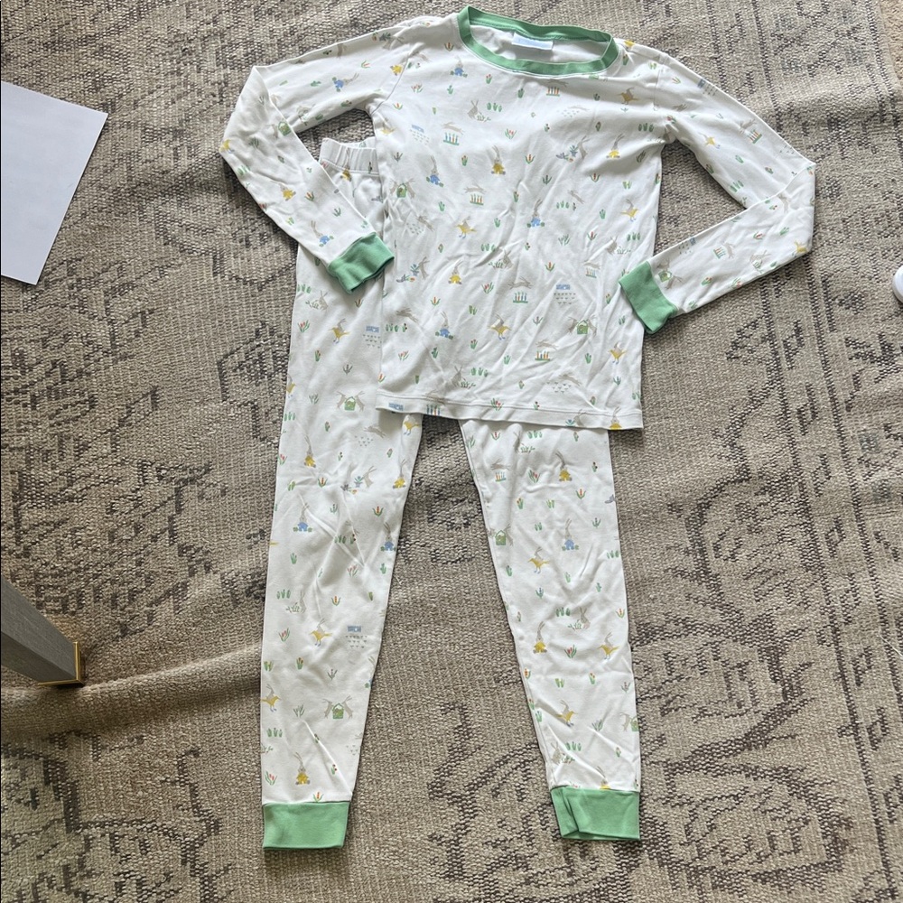 LAKE Kids White Pajama Set with Green Trim - Soft Cotton Two-Piece